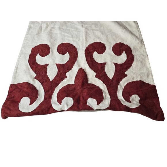 Square Feathers Linen Pillow Cover With Red & White Ornamental Design 20x20 - Picture 3 of 5
